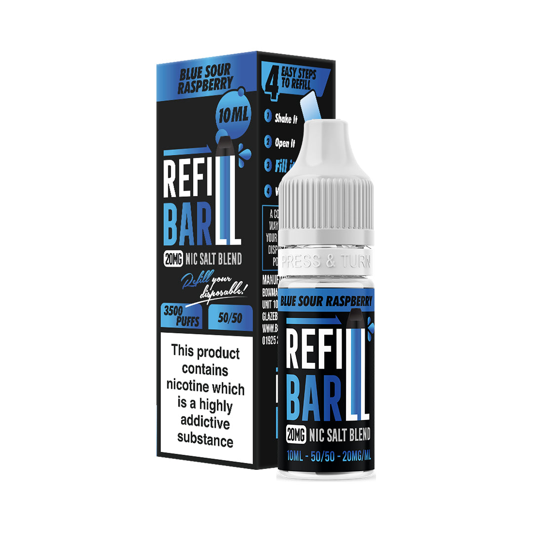 Refill Bar Blue Sour Raspberry 10ml Nic Salt e-liquid bottle and packaging. The product is labelled as containing 20mg nicotine strength, with a flavour profile of blue raspberry and sour notes. The packaging highlights that the e-liquid is designed for refilling disposable vape devices, offering up to 3500 puffs with a 50/50 VG/PG ratio. The label includes a nicotine warning stating that the product contains nicotine, a highly addictive substance.