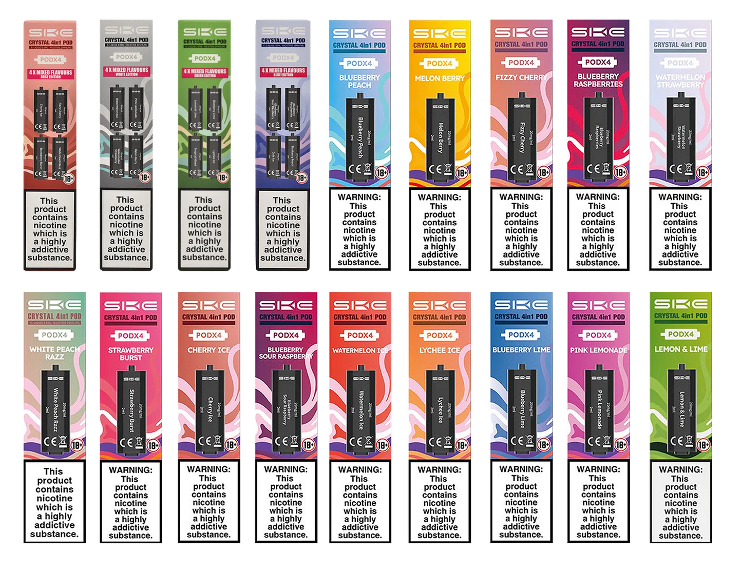 Crystal 4-in-1 pods available in Rose Edition, White Edition, Green Edition, Blue Edition, Blueberry Peach, Melon Berry, Fizzy Cherry, Blueberry Raspberries, Watermelon Strawberry, White Peach Razz, Strawberry Burst, Cherry Ice, Blueberry Sour Raspberry, Watermelon Ice, Lychee Ice, Blueberry Lime, Pink Lemonade, Lemon and Lime and Cola flavours Pack of 4 by SKE and available to buy from vapebrothers.co.uk