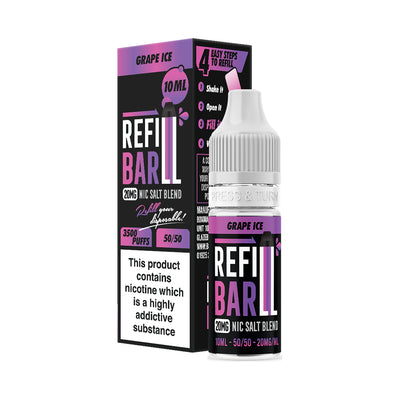 Refill Bar Grape Ice 10ml Nic Salt e-liquid bottle and packaging. The product is labelled as containing 20mg nicotine strength, with a flavour profile of sweet grape and cool menthol ice. The packaging highlights that the e-liquid is designed for refilling disposable vape devices, offering up to 3500 puffs with a 50/50 VG/PG ratio. The label includes a nicotine warning indicating that the product contains nicotine, a highly addictive substance.