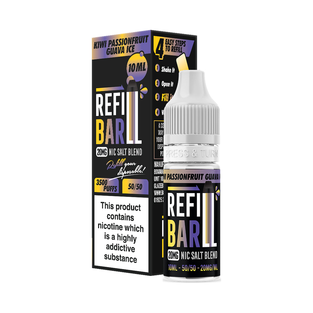 Refill Bar Kiwi Passionfruit Guava Ice 10ml Nic Salt e-liquid bottle and packaging. The product is labelled as containing 20mg nicotine strength, with a flavour profile featuring a blend of kiwi, passionfruit, guava, and a cool menthol finish. The packaging highlights that the e-liquid is designed for refilling disposable vape devices, offering up to 3500 puffs with a 50/50 VG/PG ratio. The label includes a nicotine warning indicating that the product contains nicotine, a highly addictive substance.