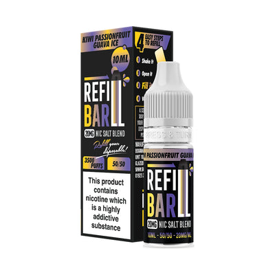 Refill Bar Kiwi Passionfruit Guava Ice 10ml Nic Salt e-liquid bottle and packaging. The product is labelled as containing 20mg nicotine strength, with a flavour profile featuring a blend of kiwi, passionfruit, guava, and a cool menthol finish. The packaging highlights that the e-liquid is designed for refilling disposable vape devices, offering up to 3500 puffs with a 50/50 VG/PG ratio. The label includes a nicotine warning indicating that the product contains nicotine, a highly addictive substance.