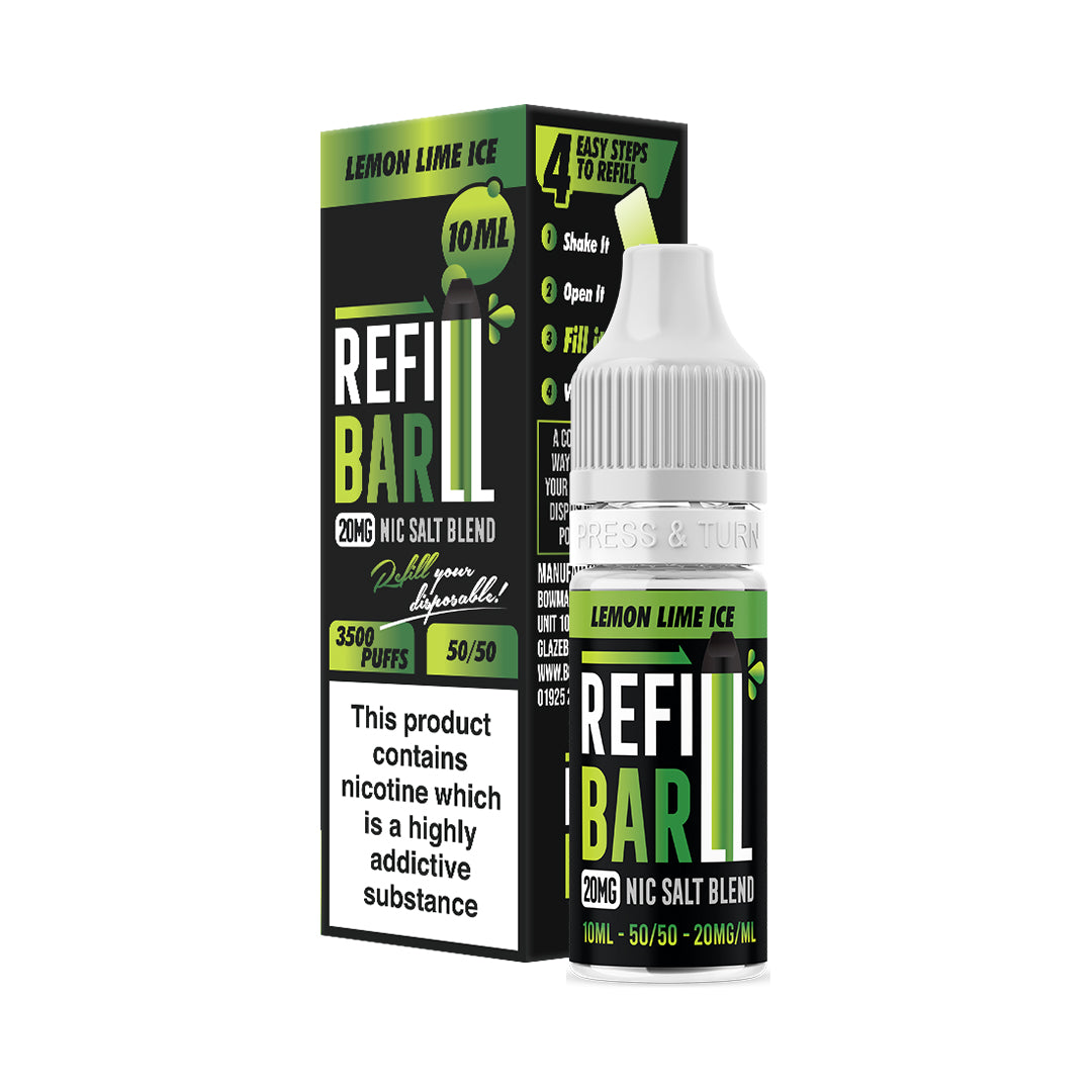 Refill Bar Lemon Lime Ice 10ml Nic Salt e-liquid bottle and packaging. The product is labelled as containing 20mg nicotine strength, with a flavour profile featuring a blend of tart lemon, tangy lime, and cool menthol ice. The packaging highlights that the e-liquid is designed for refilling disposable vape devices, offering up to 3500 puffs with a 50/50 VG/PG ratio. The label includes a nicotine warning indicating that the product contains nicotine, a highly addictive substance.