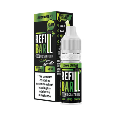 Refill Bar Lemon Lime Ice 10ml Nic Salt e-liquid bottle and packaging. The product is labelled as containing 20mg nicotine strength, with a flavour profile featuring a blend of tart lemon, tangy lime, and cool menthol ice. The packaging highlights that the e-liquid is designed for refilling disposable vape devices, offering up to 3500 puffs with a 50/50 VG/PG ratio. The label includes a nicotine warning indicating that the product contains nicotine, a highly addictive substance.