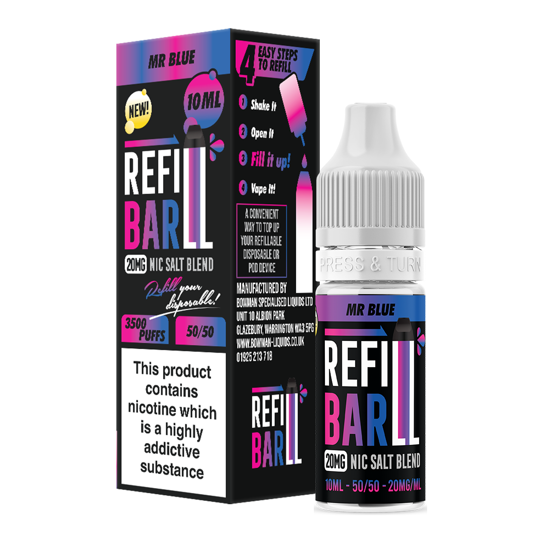 Refill Bar Mr Blue 10ml Nic Salt e-liquid bottle and packaging. The product is labelled as containing 20mg nicotine strength, with a flavour profile featuring a blend of mixed berries. The packaging highlights that the e-liquid is designed for refilling disposable vape devices, offering up to 3500 puffs with a 50/50 VG/PG ratio. The label includes a nicotine warning indicating that the product contains nicotine, a highly addictive substance.