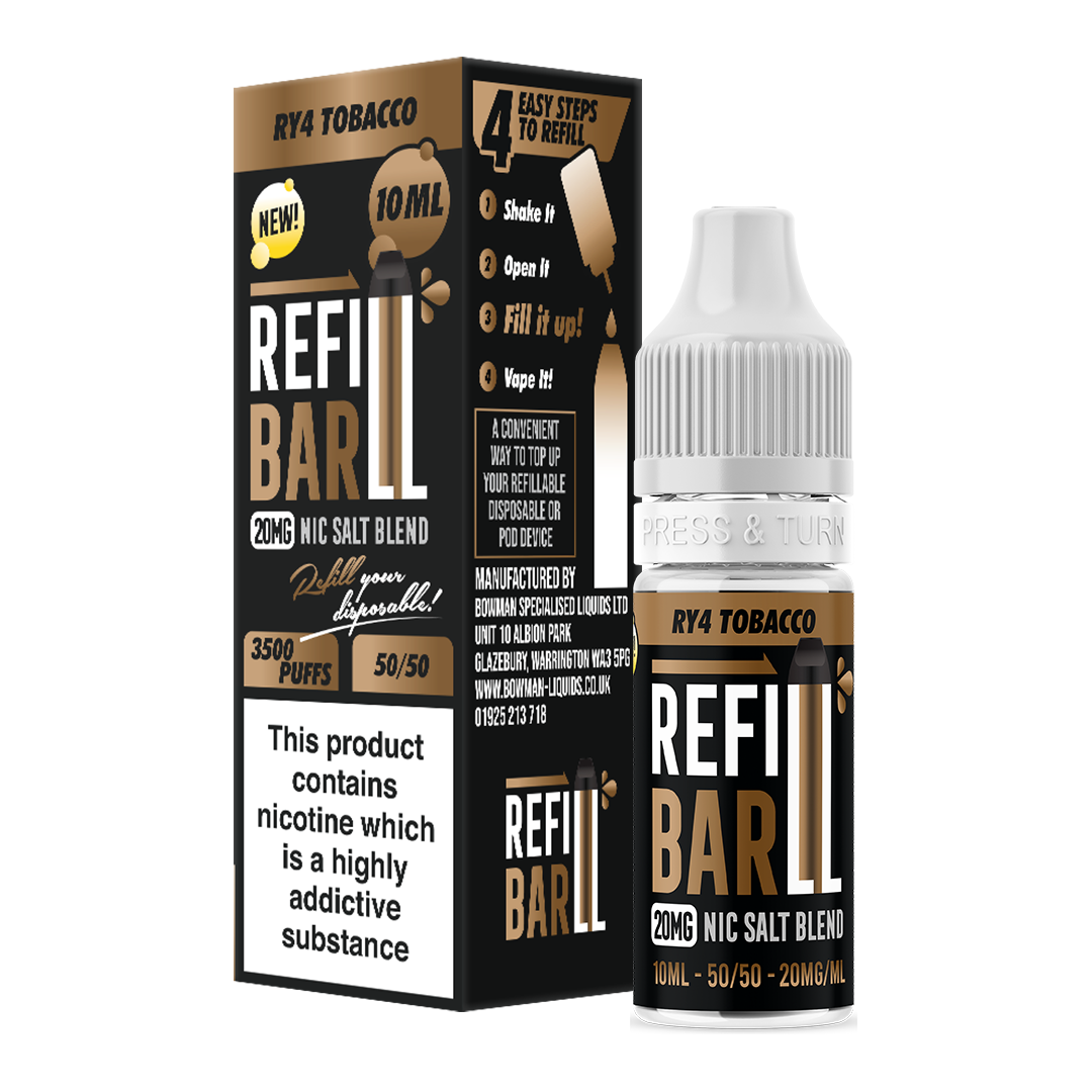 Image of a 10ml bottle of RY4 Tobacco Nic Salt e-liquid by Refill Bar, available in 20mg strength. The packaging features brown and black colours, with text highlighting its 3500 puffs, 50/50 VG/PG blend, and instructions for refilling. The product is designed for refilling disposable or pod devices, and contains nicotine, a highly addictive substance.