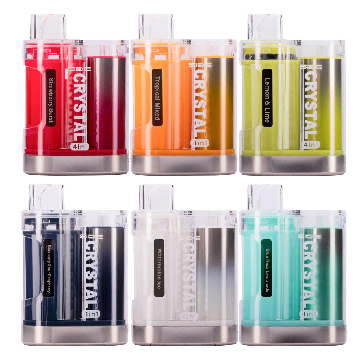 SKE Crystal 4 in 1 Pod Kit available in Tropical Mixed, Blueberry Sour Raspberry, Lemon and Lime, Cherry Ice, Watermelon Ice, and Blueberry Lime Flavours sold by Vape Bros