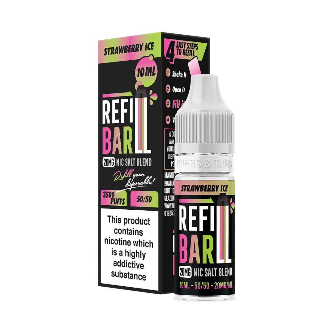 Refill Bar Strawberry Ice 10ml Nic Salt e-liquid bottle and packaging. The product is labelled as containing 20mg nicotine strength, with a flavour profile featuring sweet strawberries and a cool menthol finish. The packaging highlights that the e-liquid is designed for refilling disposable vape devices, offering up to 3500 puffs with a 50/50 VG/PG ratio. The label includes a nicotine warning indicating that the product contains nicotine, a highly addictive substance.