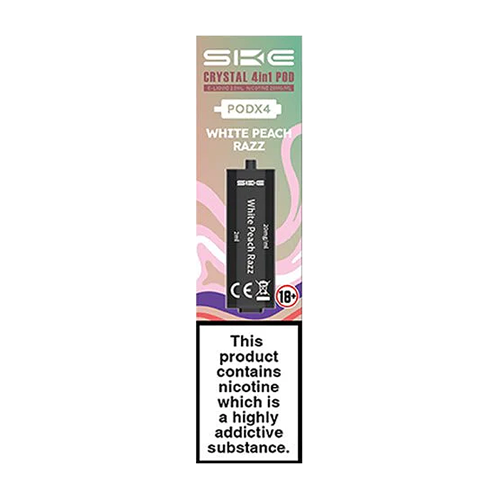 Crystal 4-in-1 pods White Peach Razz flavour Pack of 4 by SKE and available to buy from vapebrothers.co.uk